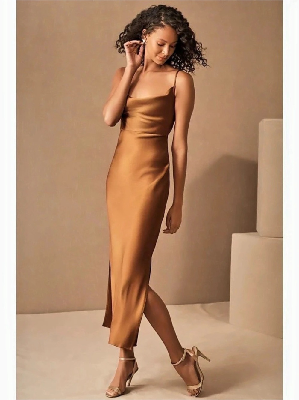 BHLDN Cali satin cowl-neck midi slip dress